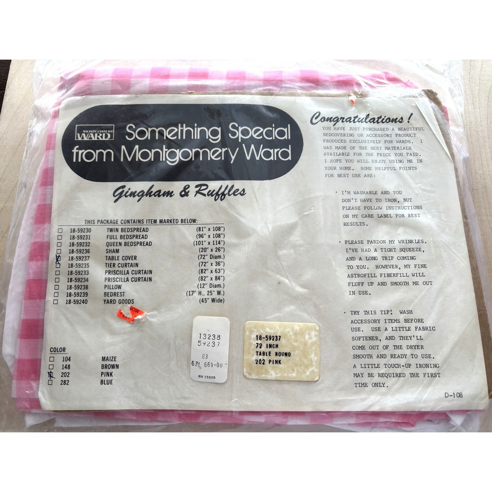 Vtg Montgomery Ward Pink Gingham Tablecloth 72" Round White Ruffle Cottage NIP